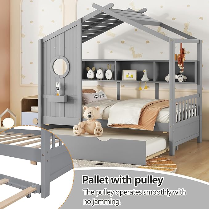 Harper & Bright Designs Twin Size House Bed with Trundle & Storage Shelf, Wood Platform Beds Frame for Kids, Montessori Bed with Roof for Boys, Girls, Safety and Quality Guaranteed, Gray