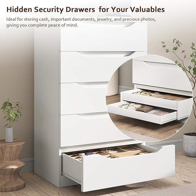 White Tall 5 Drawer Dresser for Bedroom with Hidden Storage Design, Large Modern Closet Dressers & Chests of Drawers with Cut-Out Handles, 27.6" L*15.8" W*45.3" H for Bedroom, Living Room, Nursery