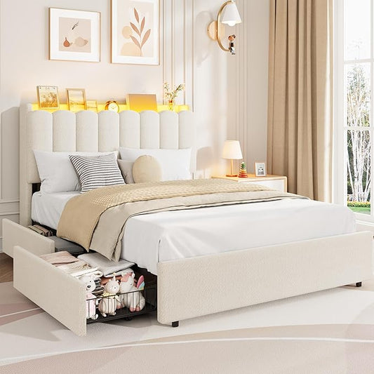 Garvee LED Full Size Bed Frame with Storage Headboard, Kids Bed Frame with 2 Drawers, Boucle Upholstered Platform Bed for Girls, Chic Wavy Headboard with Bookcase, No Box Spring Needed, White