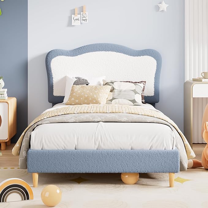 GarveeHome Full Bed Frames for Kids with Soft headboard, Velvet Low Bed Frame for Girls, Boys, No Box Spring Needed, Wooden Slats, Noise Free, Sturdy, Easy Assembly, Blue White