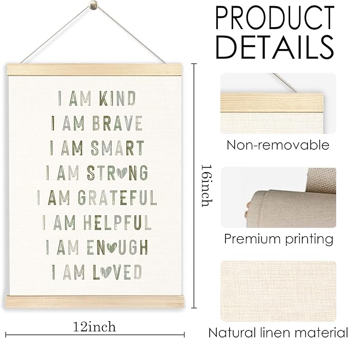 BESERH Boho Sage Green Positive Affirmations Wall Art Posters, Boho Nursery Decor Boy Girl, I Am Kind Brave Smart Canvas Prints Artwork Framed for Toddler Kids Room Nursery Playroom, 12x16 Inch