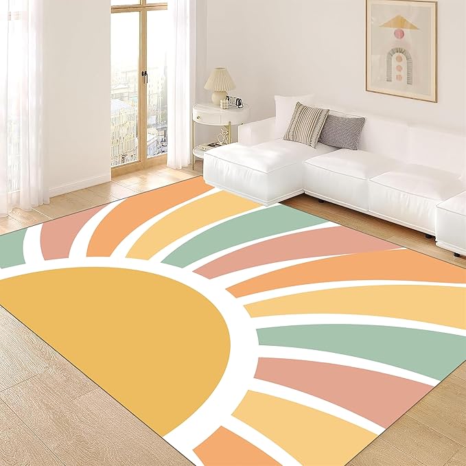 Machine Washable Rainbow Rugs Bedroom Fluffy Plush Soft Area Rugs Rainbow Sunshine Sun Print Living Room Non-Slip Indoor Flooring Kids Girls Boys Home Decor Aesthetics 2x4ft