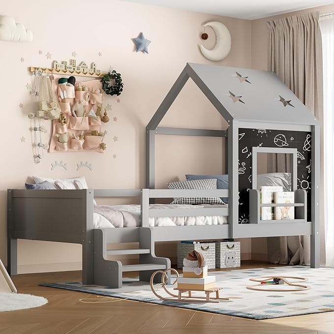 Bellemave Twin House Bed with Rails or guardrails and Bookcase, Wooden Twin House Shape Platform Bed for Boys, Girls, Teens, Gray