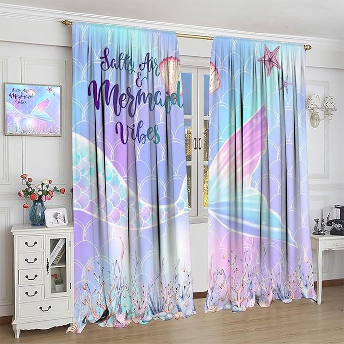 Fantasy Mermaid Curtain Colorful Rainbow Fish Tail Ocean Theme Beautiful Kids Window Treatment for Girls Bedroom Nursery Room Decor Rod Pocket Window Drapes 42x63in