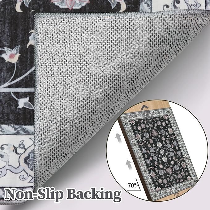Tangsoo Washable Runner Rug for Hallway Non Slip, 2.6x8 Boho Floral Vintage Carpet Runner Rugs for Entryway, Floor Low Pile Runners for Kitchen Bathroom Laundry Bedroom Alfombra Black Red Farmhouse