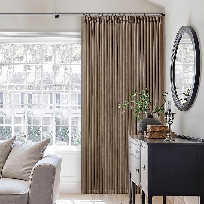 Dutch Cocoa 90 Inch Linen Curtains Pinch Pleated for Living Room Bedroom Dining Boho Brown Light Filtering Pinch Pleat Drapes Hooks Rings Back Tab Semi Sheer Dark Brown Window Curtains 2 Panels