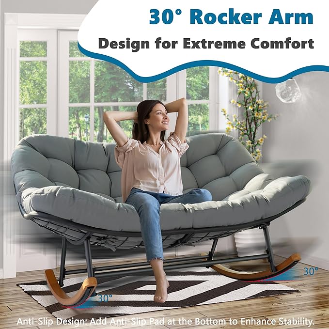 Double Papasan Rocking Chair Outdoor & Indoor, Oversized Rocking Reclining Loveseat with Thick Cushion and Frame, 660LBS Capacity Rocking Egg Chair for Patio Porch Living Room, Gray