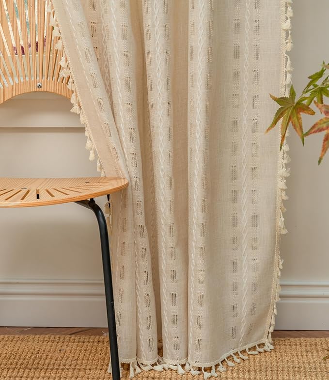 Deeprove Ivory Boho Curtain 96 inches Long for Living Room Bedroom, Vintage Bohemian Semi Blackout Linen 96 inches Length Stripe Embroidery Privacy Window Tassel Decor W52 x L96, 1 Panel
