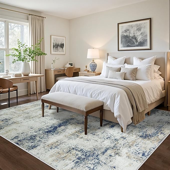 10x14 Area Rugs Living Room Rugs: Large Washable Rug with Anti-Slip Backing Non-Shedding Stain-Resistant Soft Abstract Carpet for Bedroom Dining Room Nursery Home Office Blue Brown