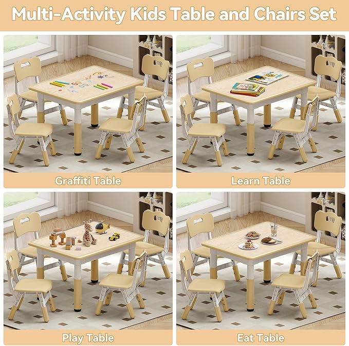 Kids Study Table and Chairs Set, Height Adjustable Toddler Table and Chair Set for Kids Ages 3-8, 31.5" L x 23.6" W Graffiti Desktop Plastic Children Art Table with 4 Seats, Brown