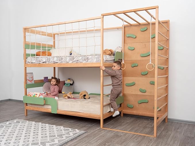 BUSY WOOD Montessori Twin Floor Bed for Toddler - Climbing Set for Kids - Jungle Gym Bedframe
