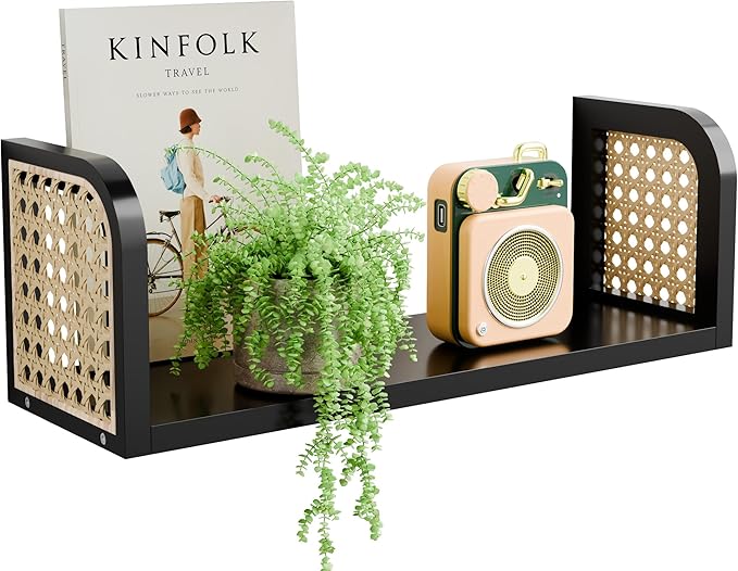 Black Rattan Wall Shelf, Hanging Book Shelves for Wall, Decorative Shelves for Natural Nursery Decor, Picture Ledge Shelves, Wall Mail Organizer, Floating Rattan Shelf for Office, Bedroom,Bathroom