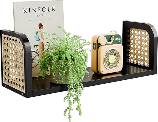 Black Rattan Wall Shelf, Hanging Book Shelves for Wall, Decorative Shelves for Natural Nursery Decor, Picture Ledge Shelves, Wall Mail Organizer, Floating Rattan Shelf for Office, Bedroom,Bathroom