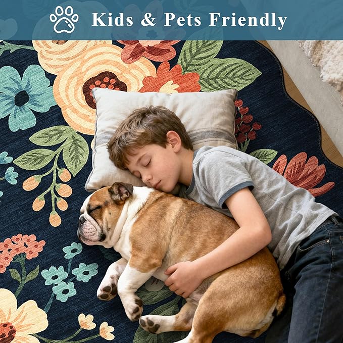 DUKINO 2x5 Washable Runner Rugs, Non Slip Floral Print Entryway Rug with Soft Low Pile, Lightweight Mat for Living Room, Bathroom, Bedroom, Kitchen, Navy Blue