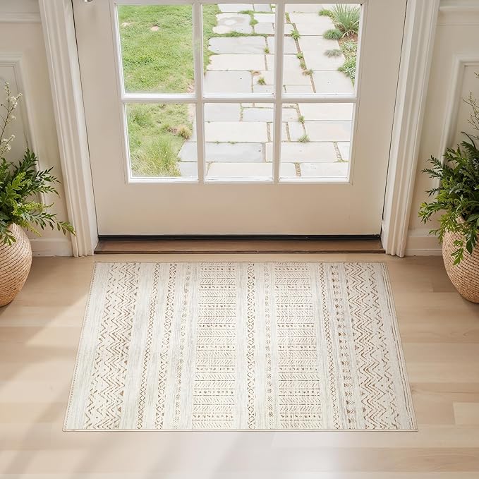 Area Rugs for Living Room Washable Living Room Rug Soft Neutral Indoor Floor Carpet Non-Slip Stain Resistant Modern Boho Rugs for Bedroom Dining Room Kids Room Nursery Office Home Brown Cream