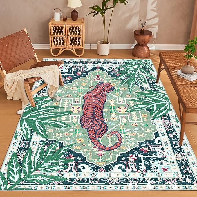 Washable Non-Slip 5x7 Green Tiger Rug for Boys Room Bedroom Dining Room Boho Vintage Tropical Animal Cheetah Print Jungle Rug Soft Cozy Whimsical Woodland Carpet for Playroom Living Room