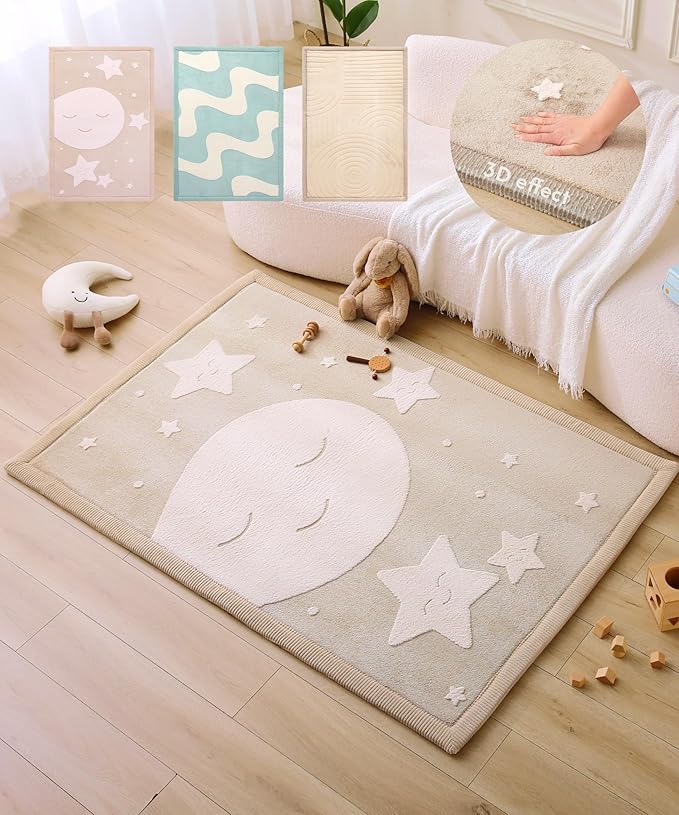 Stylish Coral Baby Play Mat for Floor 47" x 67" Moon&Stars – Soft 1" Thick High-Density Memory Foam Nursery Rug,Kids Rug with Non-Slip Backing for Crawling & Playing, Playroom Rug, Kids Carpet