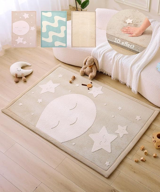 Stylish Coral Baby Play Mat for Floor 47" x 67" Moon&Stars – Soft 1" Thick High-Density Memory Foam Nursery Rug,Kids Rug with Non-Slip Backing for Crawling & Playing, Playroom Rug, Kids Carpet