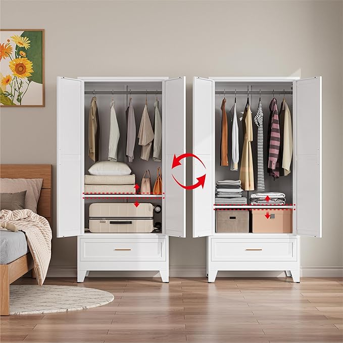 Metal Wardrobe Closet Cabinet with Drawers,71" H Large Bedroom Armoires with Shelves and Hanging Rod,Wardrobe Storage Cabinet with 2 Doors, 1 Adjustable Shelf and Drawers (1Drawer, White)