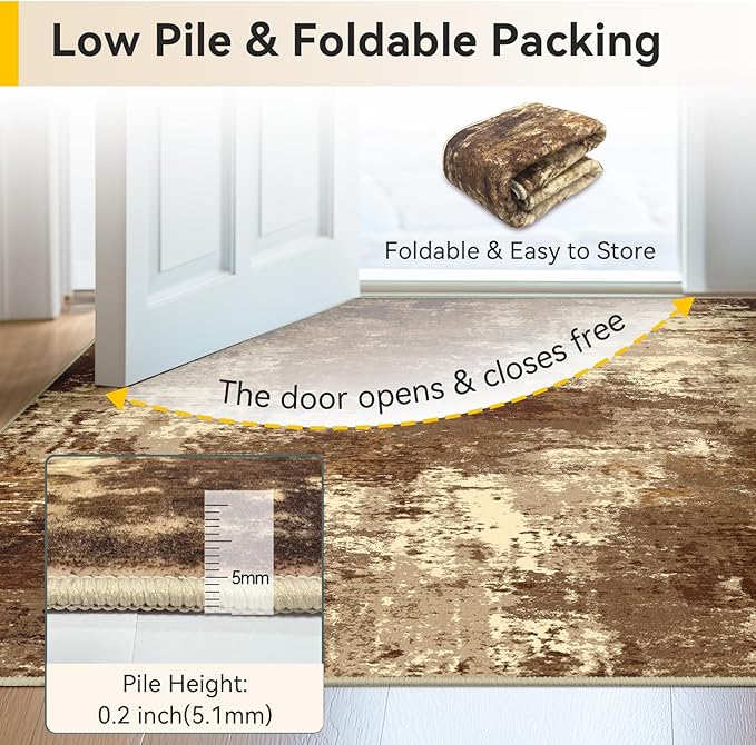 Washable Area Rugs 2'x10' Non-Slip Modern Abstract Soft for Living Room Entryway Bedroom Nursery, Print Pattern, Brown Tan Beige Coffee