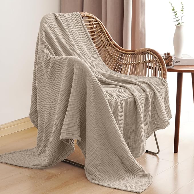 PHF 100% Cotton Muslin Throw Blanket 50" x 60", 4-Layer Lightweight Gauze Throw, Breathable Cloud-Soft Minimalist Blanket for Bed, Couch, Camping & Baby, Taupe, Ideal Gift