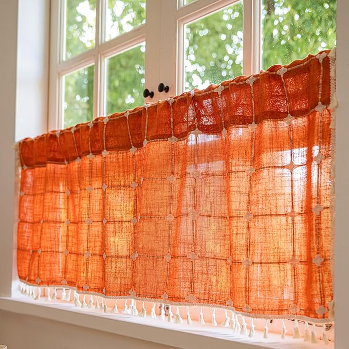 Deeprove Burnt Orange Boho Curtain Valance 18 Inches Length Teal Bohemian Lattice Gingham Textured Embroidery Plaids, Vintage Chic Tassels Casual Fall Decor Drapes Rod Pocket, 1 Panel W52 x L18