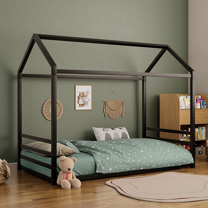 Harper & Bright Designs Twin Size Floor Bed Frame for Kids, House Bed with Roof and Guardrail, Metal Montessroi Floor Bed for Boys Girls, Easy Assemble, No Slats,Black