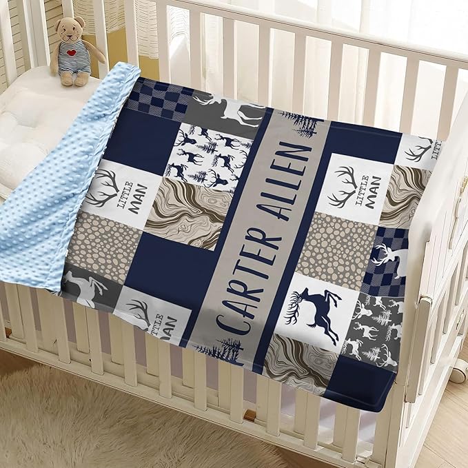 Personalized Baby Blankets for Boys Girls, Custom Name Navy Deer Baby Blanket, Soft Receiving Blanket for Newborns and Toddlers, Ideal for Baby Showers and Nursery Decor