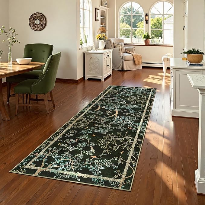 jinchan Yarden Moss Green Botanical Birds 3x8 Christmas Runner Rug for Hallway - Washable Non-Slip Soft Nature Plants Modern Runner Carpet,Vintage Low Pile Rug for Entryway Living Room Kitchen