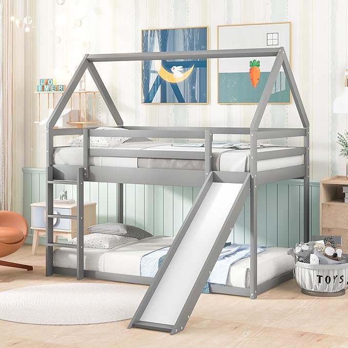 MERITLINE House Shaped Bunk Bed Twin Over Twin Size Wood Bunk Bed with Slide Low Bunk Beds for Boys and Girls, Twin Size, Grey
