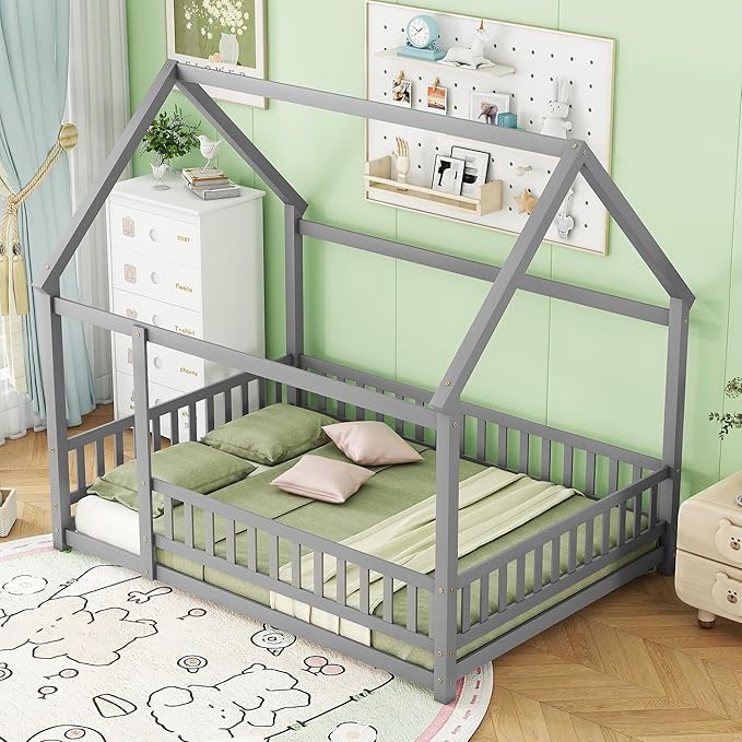 Bellemave Full Size House Bed Frame for Kids,Full Floor Bed,Wooden Montessori Floor Bed with Fence and Roof,Full Kids Bed Frame for Girls,Boys,Gray