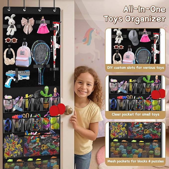 Over the Door Organizer for Building Blocks, Kids Toys Storage with Pockets and Slots for Stuffed Animal, Foam Blasters, Darts, Door Organizer hanging for Toys Storage, Kids Game Rooms