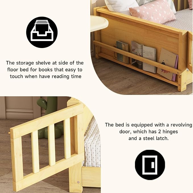 Twin Toddler Floor Bed with High Rails, Wooden Montessori Bed Frame with Door & Built-in Book Rack, Twin Size Bed Frame for Kids, Boys and Girls, Natural