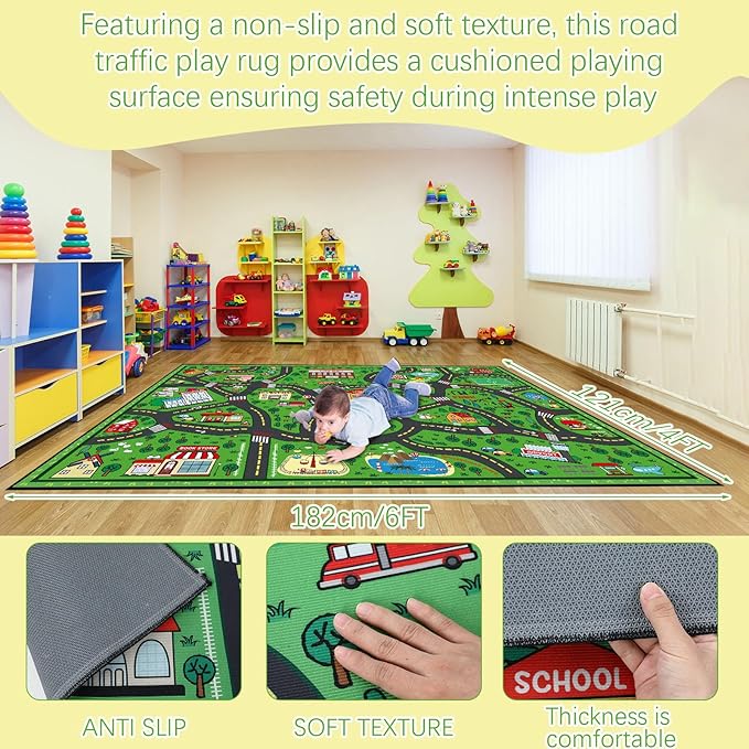 Tinideya Kids Carpet Playmat Rug Player Car Rug, 4 x 6 ft Traffic Map Mat Educational Game Area for Toddler Children Playroom Classroom Bedroom (City, Green)