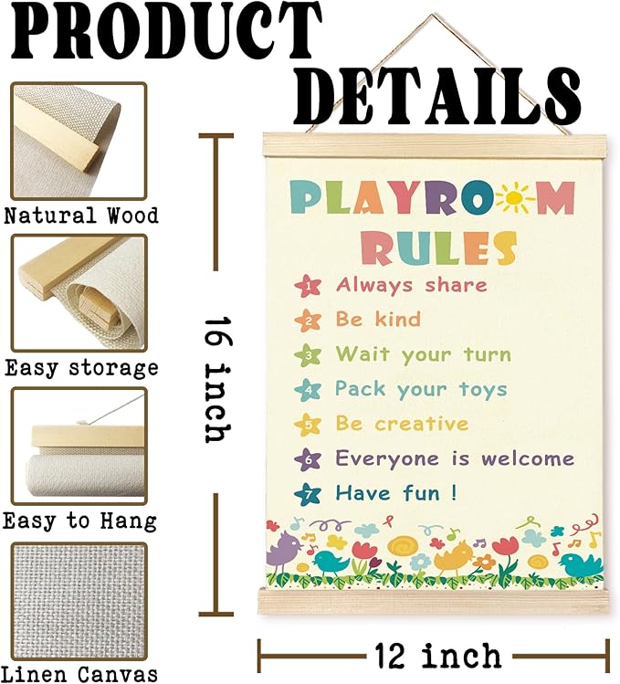 Hiuwevt Boho Playroom Rainbow Poster Hanger Frame, Kids Room Decor, Playroom Rules Colorful Wildflower Wall Art Decor for Toddlers Boys Girls Play Room Nursery Home, 12x16 Inch