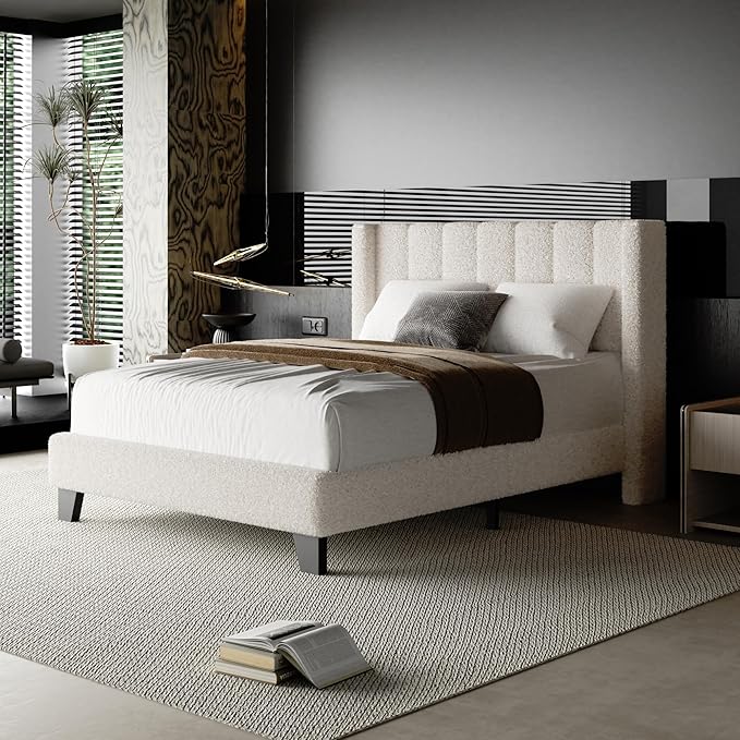 Full Bed Frame with Headboard Upholstered Platform Bed Frame with Teddy Velvet Headboard, Wooden Slats Support/Wing Edge Design/No Box Spring Needed/Easy Assembly, Beige Full