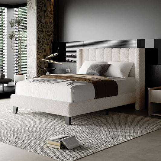 Full Bed Frame with Headboard Upholstered Platform Bed Frame with Teddy Velvet Headboard, Wooden Slats Support/Wing Edge Design/No Box Spring Needed/Easy Assembly, Beige Full