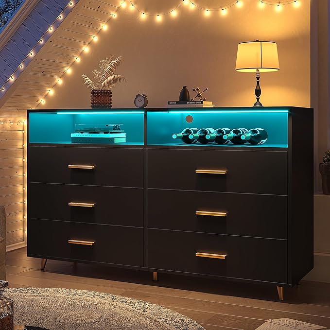 Black Dresser with LED Lights, Wood Dresser for Bedroom with 6 Wide Large Drawers,2 Open Shelves Top, Elegant Chest of Drawers for Living Room Hallway Entryway, 47.2" W