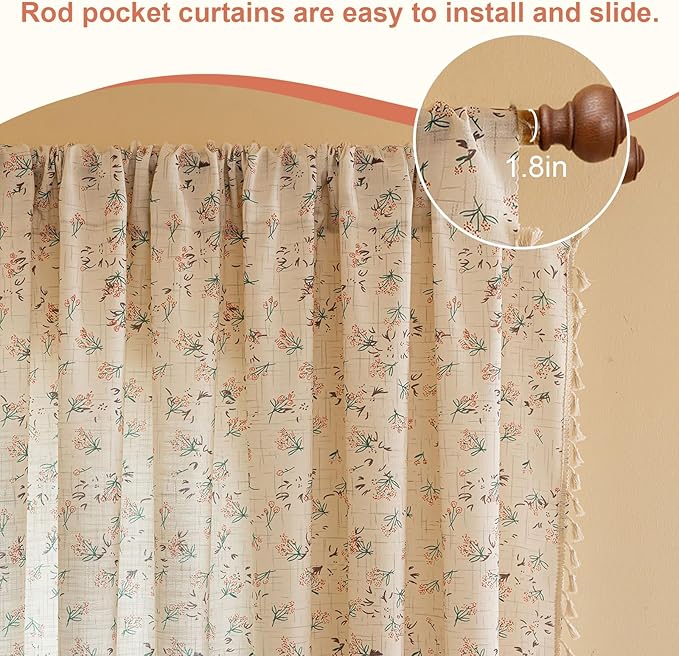 OYX Boho Floral Curtains 96 Inch Length 2 Panels for Living Room, Bedroom Light Filtering Drapes, Farmhouse Vintage Country French Rustic Tassels Pattern Rod Pocket Aesthetic Decor Window Treatments