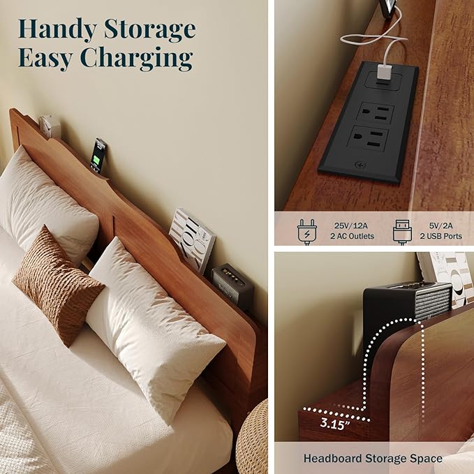 Queen Bed Frame with Headboard, Wooden Platform Bed with Wood Slats Support, Modern Bed Frame with Storage&Charging Station, No Box Spring Needed, Easy Assembly, Noise Free, Brown