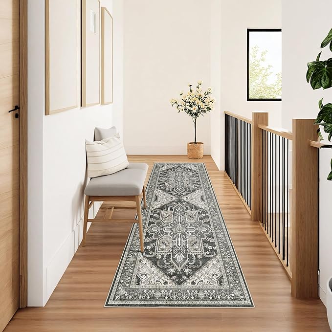 WITSHOCK Boho Area Rugs Machine Washable for Living Room Bedroom, 2x6 Vintage Non-Slip Stain Resistant Floor Carpet Indoor for Bedroom Kitchen Entryway Bathroom, Bitter Black