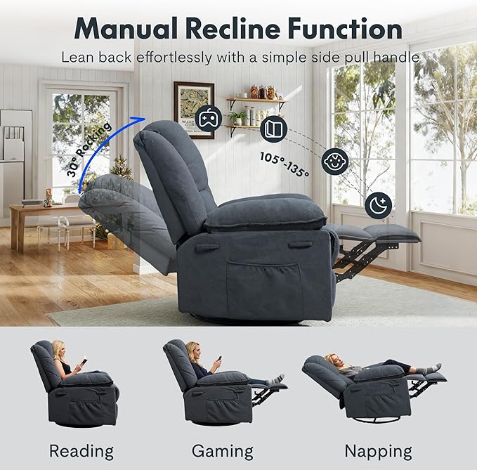 FLEXISPOT Massage Swivel Rocker Recliner Chair for Adults, Rocking Chair Nursery with Massage and Heat, USB Charging Port, 360° Swivel Recliner for Living Room Bedroom Nursery, Blue Gray (XRC2)