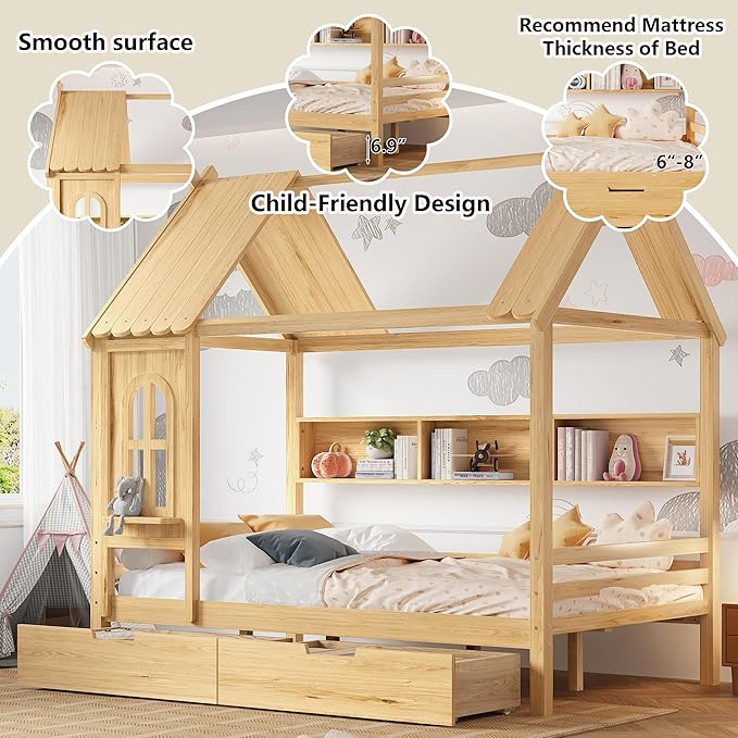 Full House Bed with Drawers and Window, Solid Wood House Platform Bed with Shelves, Full Bed Frame with House-shaped Roof for Kids, Boys, Girls, No Box Spring Needed and Childlike Design, Natural