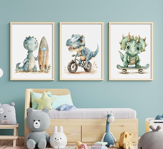 Funny Dinosaur Nursery Canvas Wall Art Surfing Skateboard Riding Dinosaur Painting Picture Wall Decor Sport Nursery dinosaur Print Artwork Poster Print Artwork for Boys Room Girls Room Home Decoration