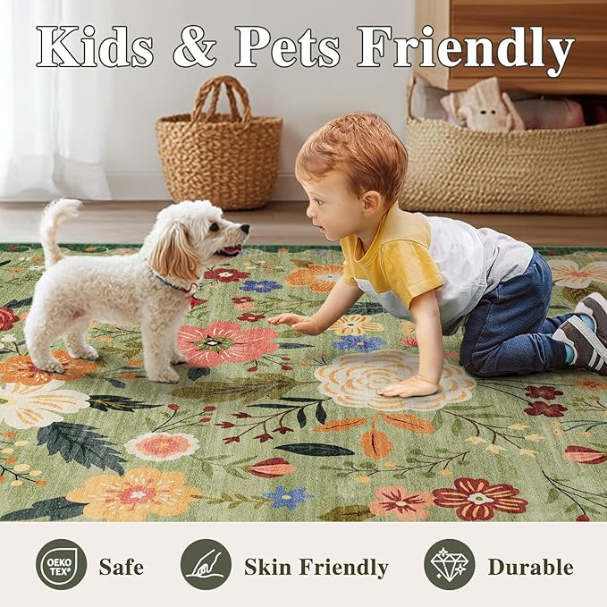 5x7 Washable Area Rug for Living Room, Floral Non-Slip Non-Shedding & Easy Care, Soft Low Pile Boho Indoor Floor Carpet for Living Room, Bedroom, Farmhouse, Dining Room, Kids Playroom, Green