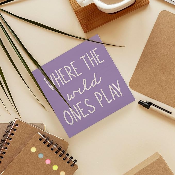 Where The Wild Ones Play Purple Wood Box Sign Desk Decor 5X5, Nursery Kids Room Wooden Block Sign Decorations for Playroom Toddler Boys Girls Room Wall Tabletop Shelf Decor