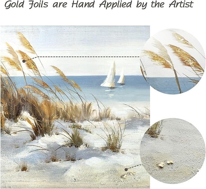 Coastal Framed Wooden Wall Art: Beach Oil Painting Style Seaside Pictures Seascape Art Prints Sand Dunes & Sailboat Artwork for Bathroom 24"x12"