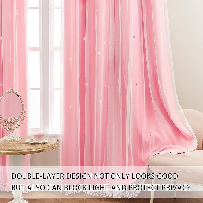 XiDi Pink Curtains for Girls Bedroom 54 Inches Long 2 Panels Blackout Double Layer Curtains with Sheer Overlay for Kids Princess Nursery Room Star Cut Out Home Decor Grommet Window Drapes W52 X L54
