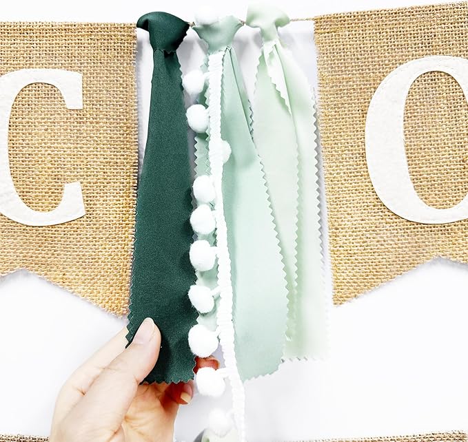 Welcome Baby Heart Burlap Pennant Banner Flag Felt Welcome Baby Sign and Heart Pattern with Sage Green Ribbon for Gender Reveal Neutral Baby Shower Welcome Baby Hello Baby Party Decorations Supplies