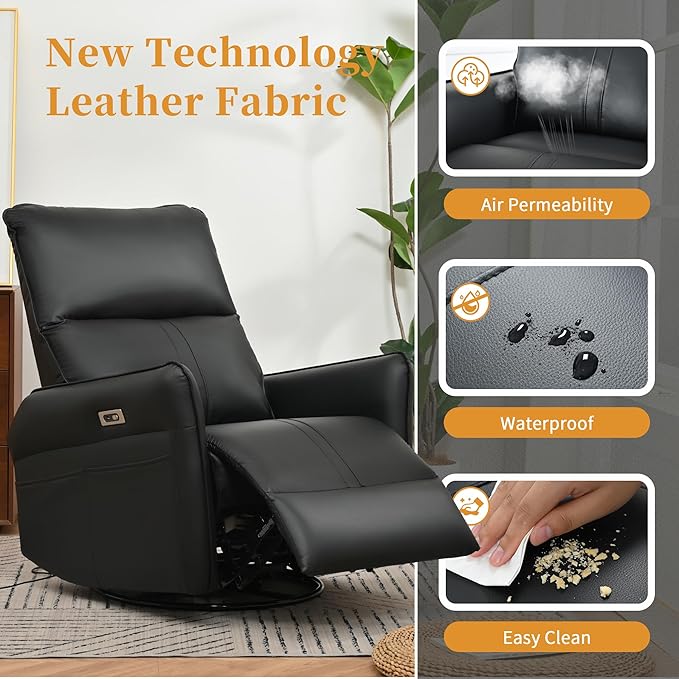 Power Swivel Rocker Recliner Chair for Nursery, Upholstered 270° Swivel Glider Chair with USB Ports, Power Recliners for Small Spaces Living Room